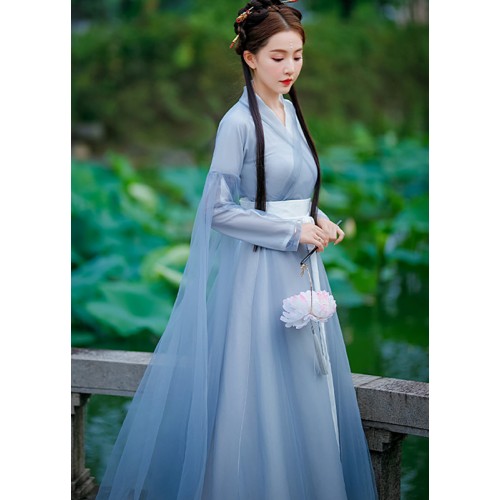 Women blue hanfu fairy dress chinese ancient folk costume Han Tang Ming Song film princess classical dance  stage performance costume
